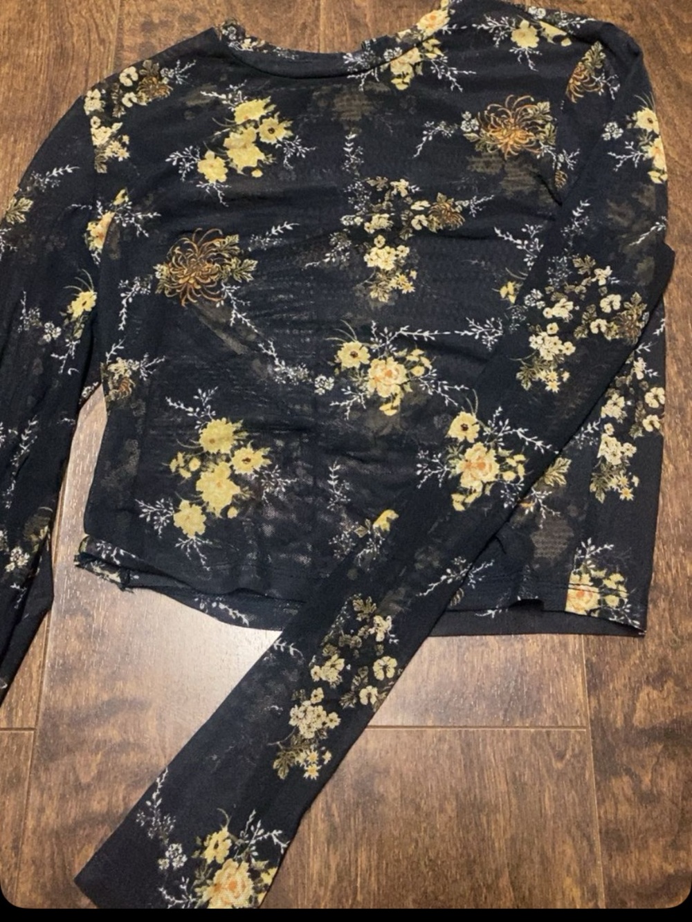 Forever 21 Black Sheer Long Sleeve Top with Yellow Floral Print